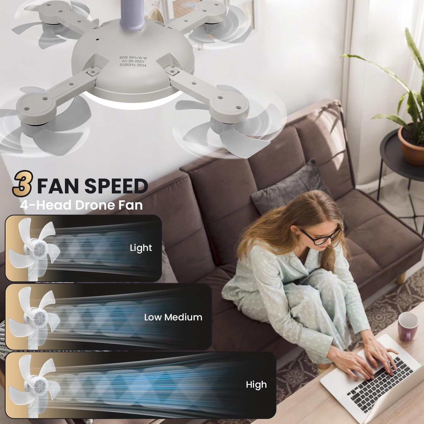 Drone Fan Light – Plafonnier LED avec Ventilateur Rétractable 4 Pales