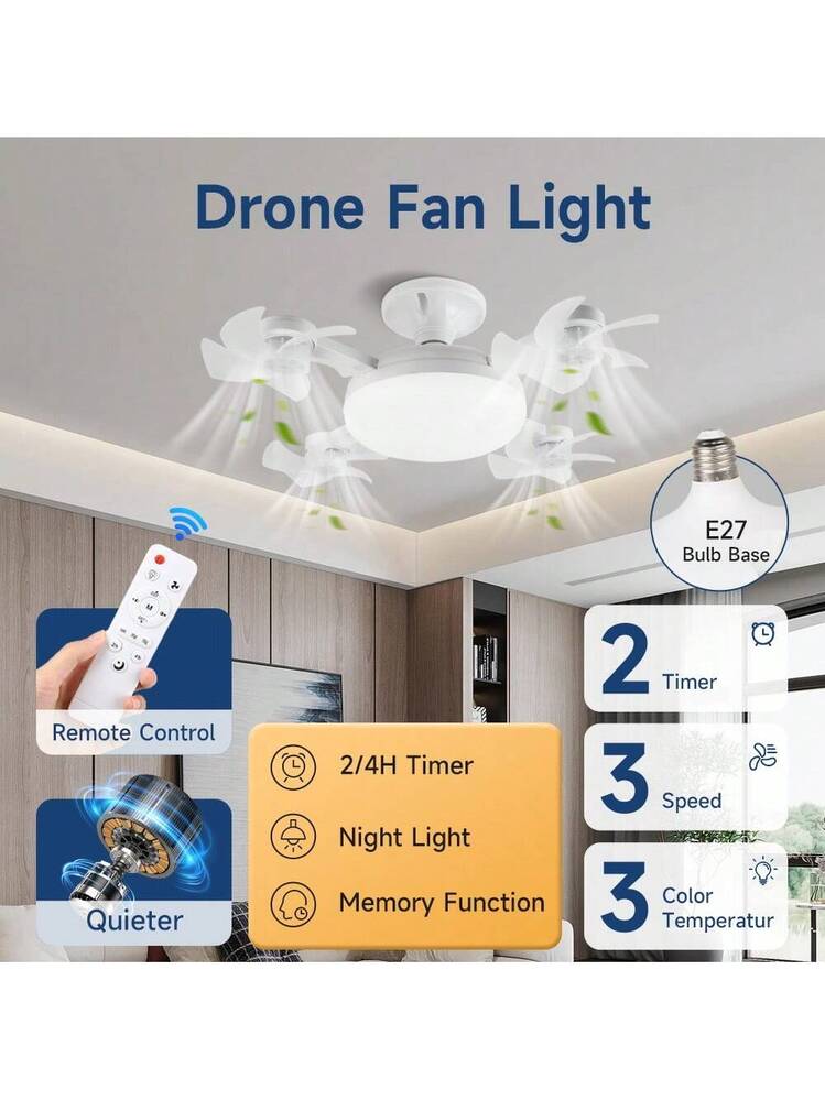 Drone Fan Light – Plafonnier LED 4 Ventilateurs Rétractables | Télécommande, 3 Vitesses, 3 Températures